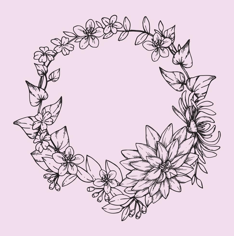 luxury floral wreath, round frame. Handmade wedding grass, wildflowers, raukami pattern. botanical rustic trendy greenery vector