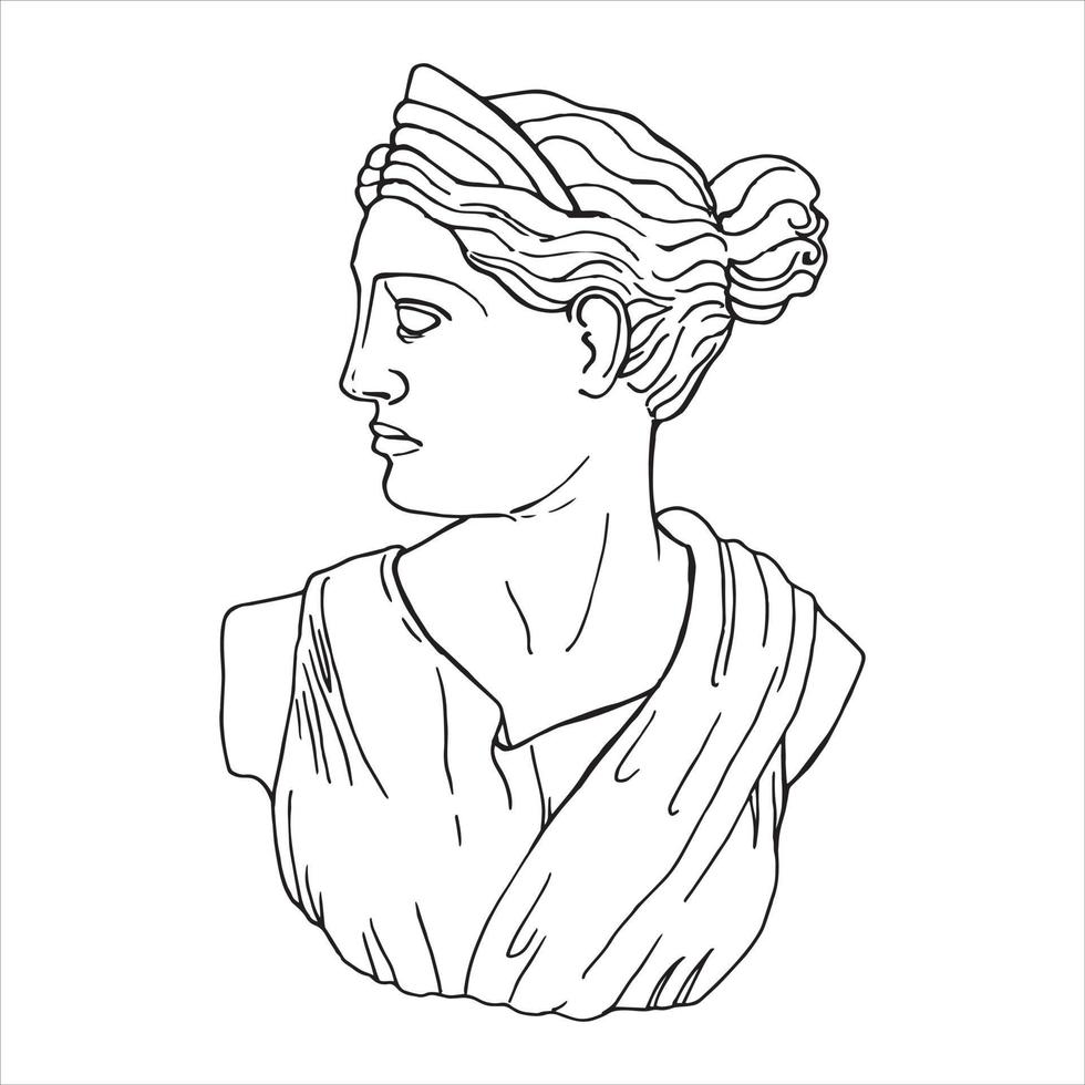Line drawings of heads of antique statues of goddess and mythical god in engraving style. Creative minimal linear woman vector. Greek sculptures vector