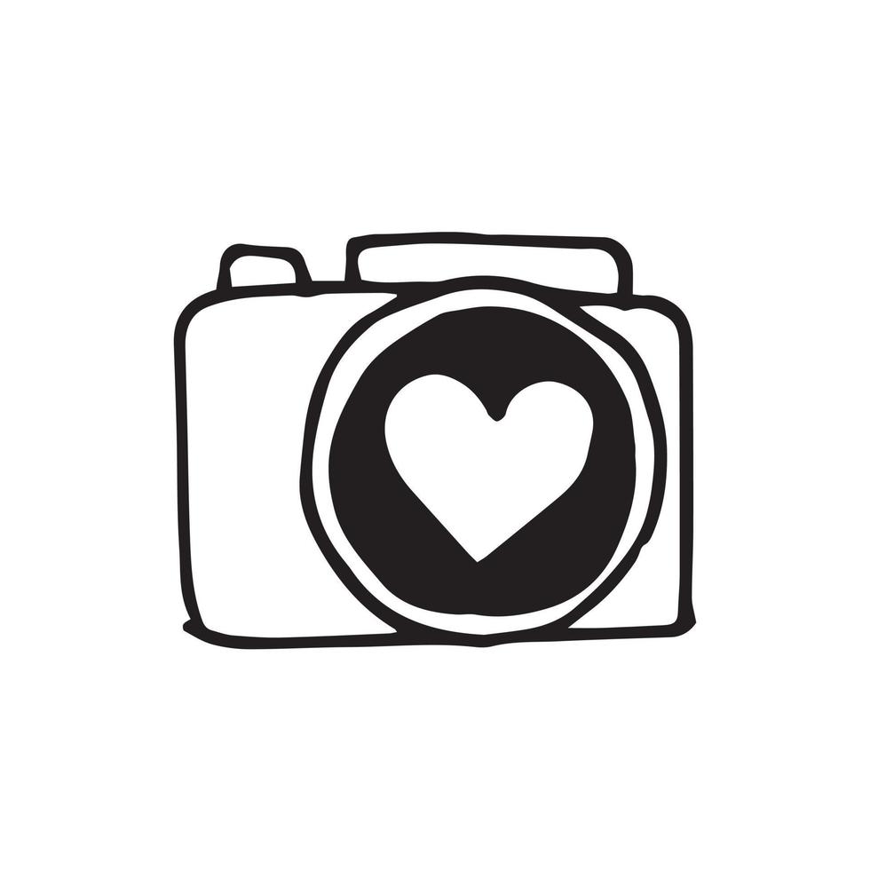 simple vector drawing in doodle style. camera. cute illustration camera and heart. hobby, photography