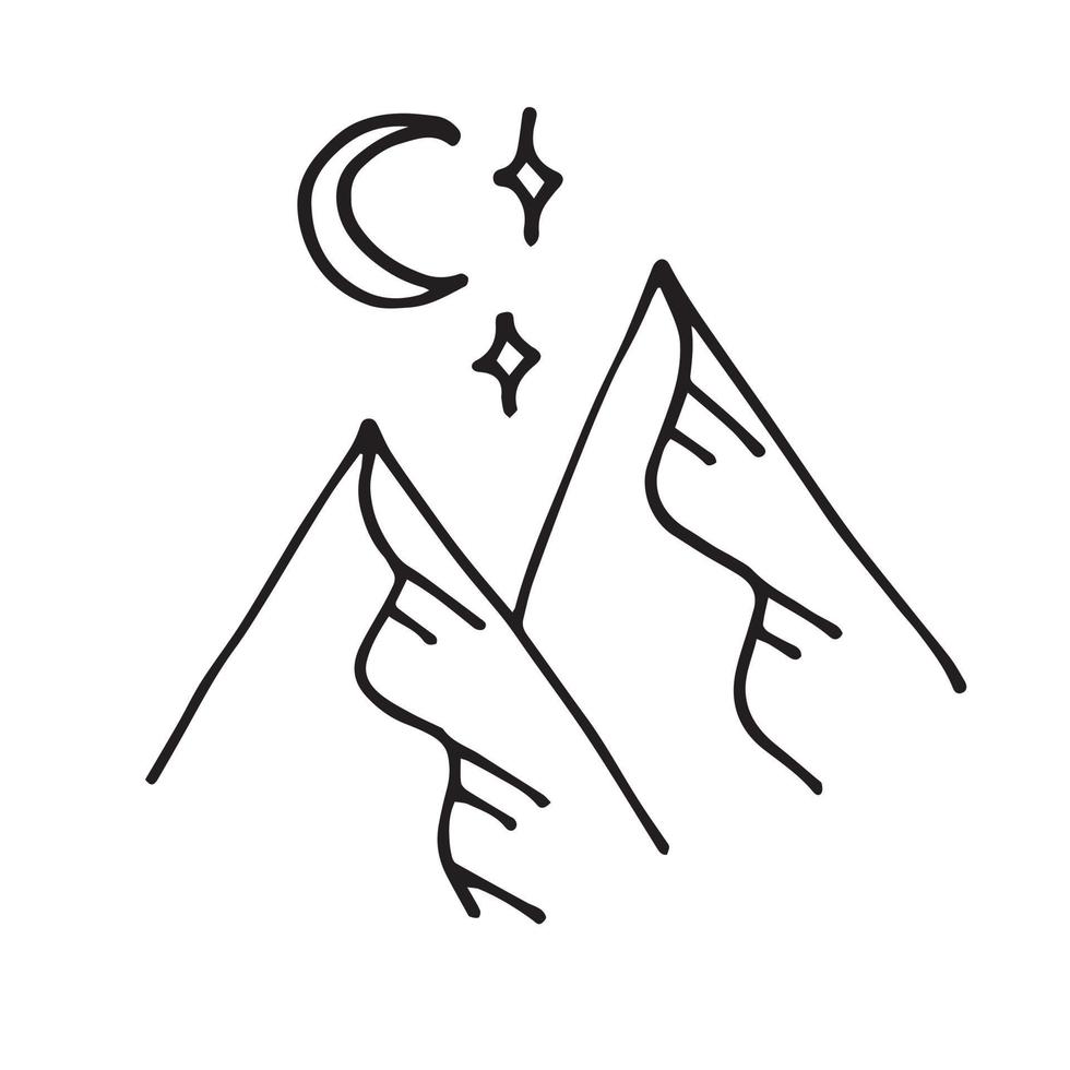 vector doodle, carton style drawing. mountains in scandinavian style. snowy mountain peaks, moon and stars above them. Simple cute drawing of hill, a symbol of travel, tourism.