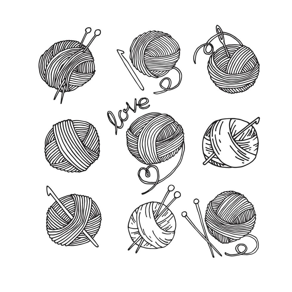 vector doodle style drawing, set of knitting wool balls with knitting needles and crochet hooks. knitting symbol, hobby, handmade, homework, needlework.