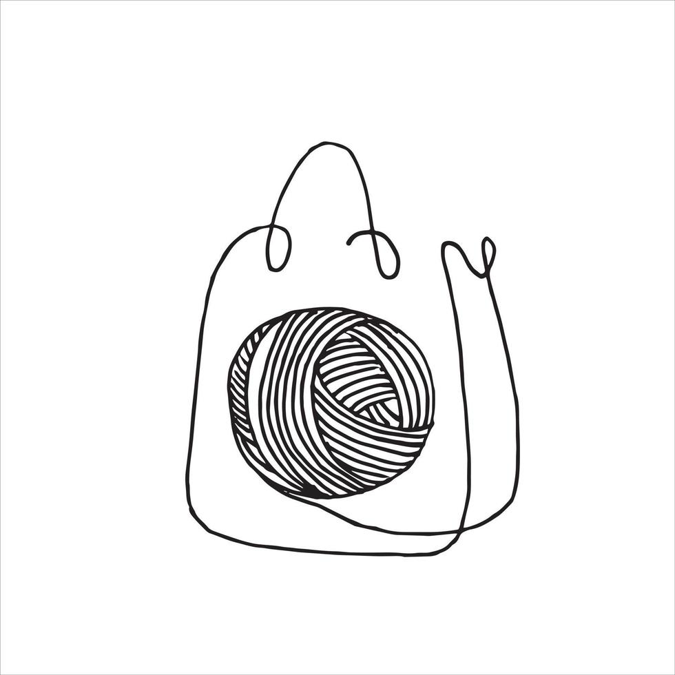 ilustración vectorial en estilo garabato, bola de hilo de tejer en una bolsa de compras. logotipo minimalista de tejido moderno, ganchillo, costura. comprar hilo, venta, tienda artesanal. vector