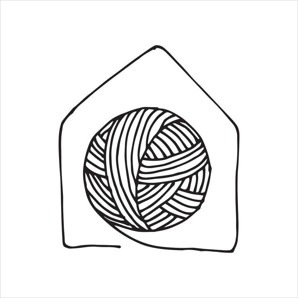 vector illustration in doodle style. knitting yarn shop logo. ball of wool in the house. symbol stay at home, handicraft, needlework. crochet, knitting.