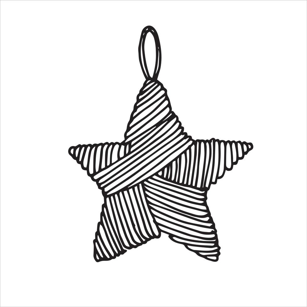 ilustración vectorial en estilo garabato. árbol de navidad estrella de juguete hecha de hilo de lana. símbolo de navidad y año nuevo, tejido, ganchillo, hobby, tarea, costura vector