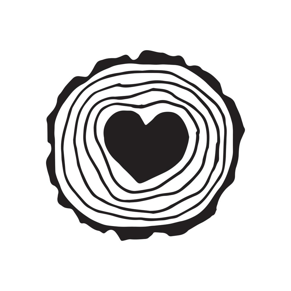 vector illustration, simple doodle line drawing. sawed off a tree heart inside. slice, slice of wood. symbol made of wood, eco, natural materials, made with love