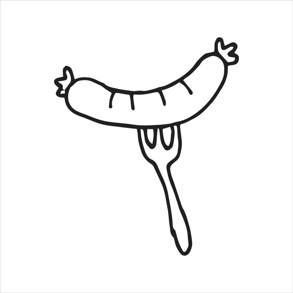 vector drawing in blowing style. grilled sausage on a fork. fried sausage. simple line drawing.