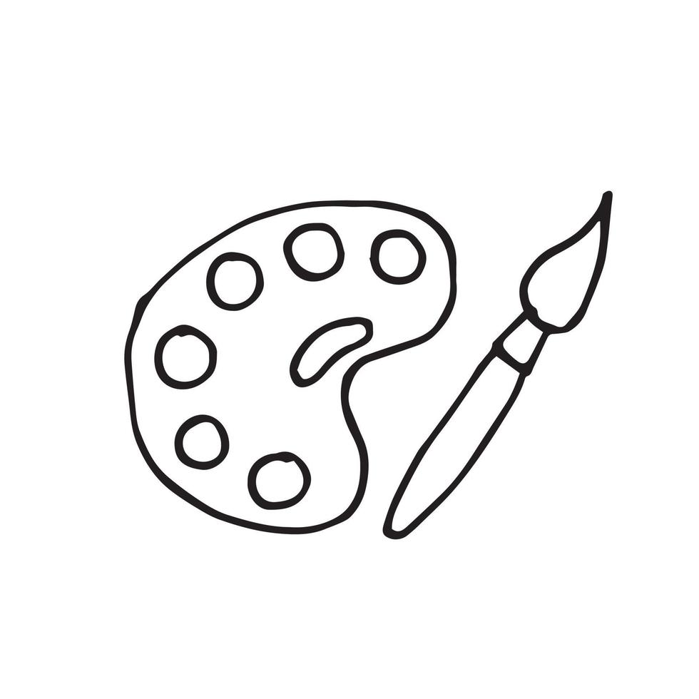 vector drawing in doodle style. art palette set with paints and brush