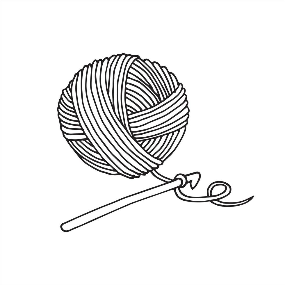 The author of the illustration in the style of doodle on the topic of knitting, crocheting. ball of wool and crochet hook isolated on white background. handicraft, needlework. vector