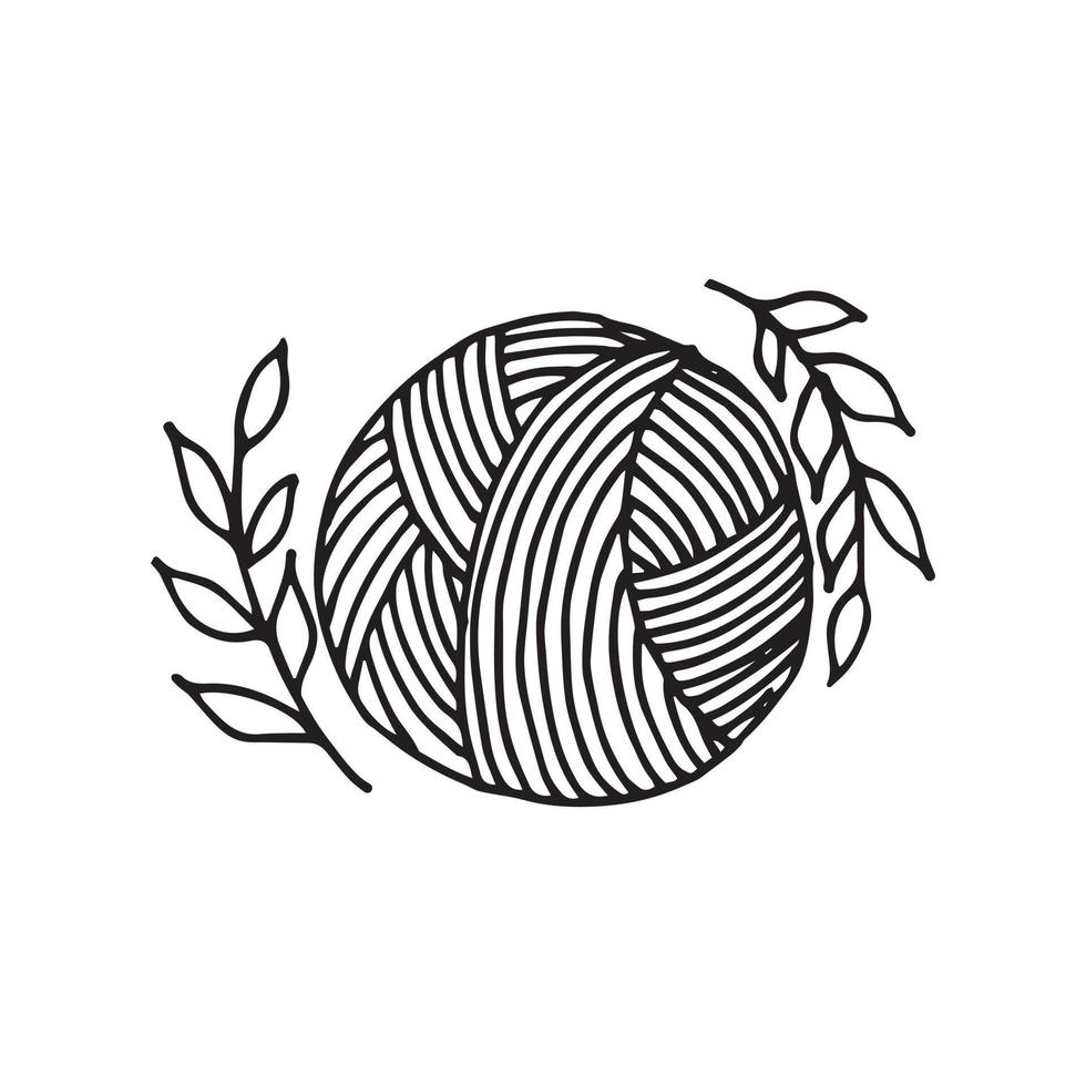 vector illustration in doodle style. a ball of wool and a wreath of leaves. simple logo, icon with a ball of wool for knitting, crocheting. hobby symbol, needlework, made by hands. line drawing