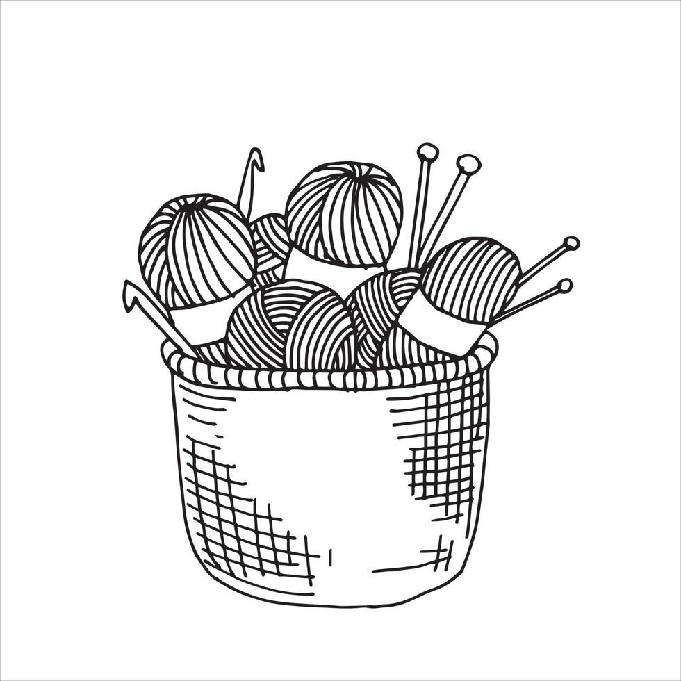 vector illustration in doodle style basket with yarn for knitting, knitting needles, crochet hook. cozy basket for home crafts, hobby symbol, handmade