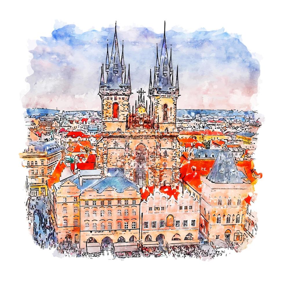 praga república checa acuarela boceto dibujado a mano ilustración vector
