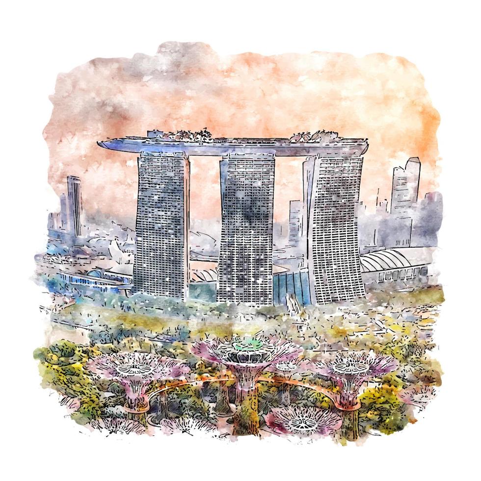 ilustración de dibujado a mano de bosquejo de acuarela de singapur vector