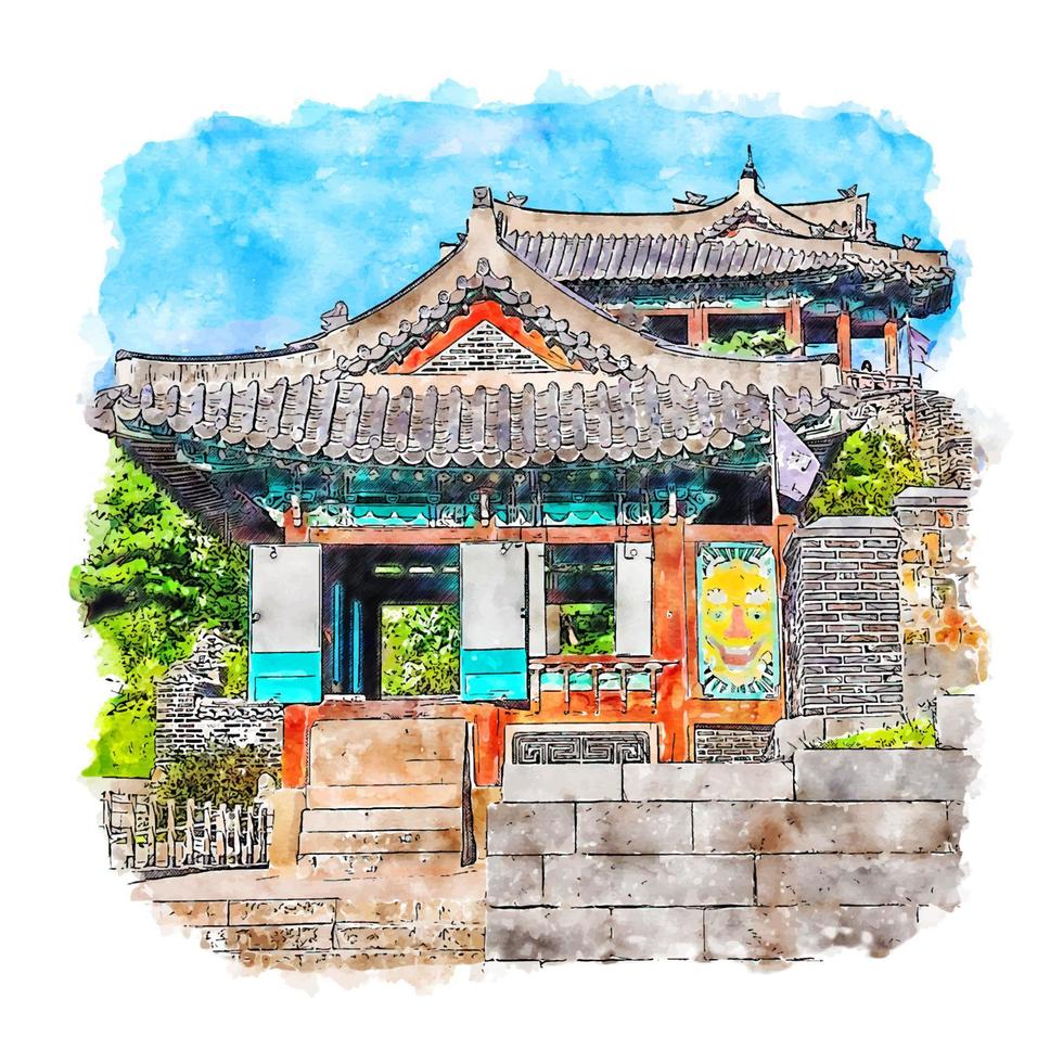 Suwon Korea Watercolor sketch hand drawn illustration vector