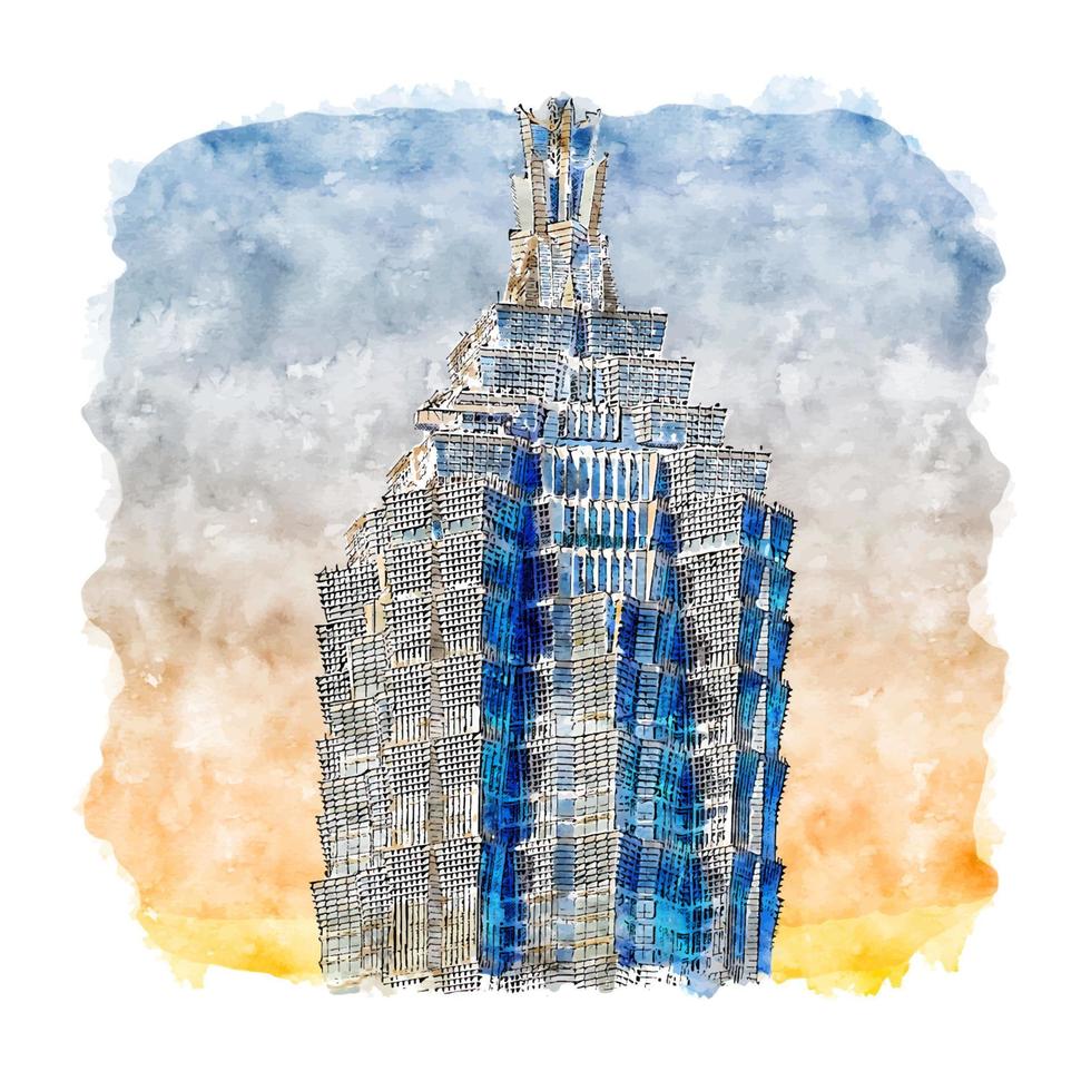 jin mao tower china acuarela boceto dibujado a mano ilustración vector