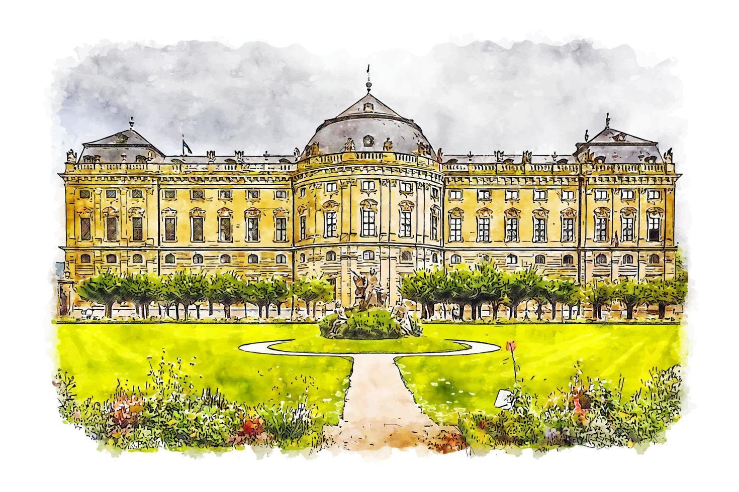 Landscape Wurzburg Residence Germany Watercolor sketch hand drawn illustration vector