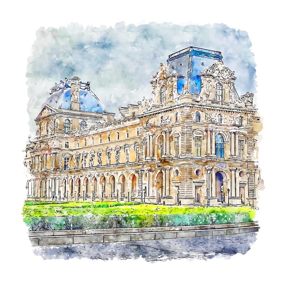 Louvre Museum Paris France Watercolor sketch hand drawn illustration vector