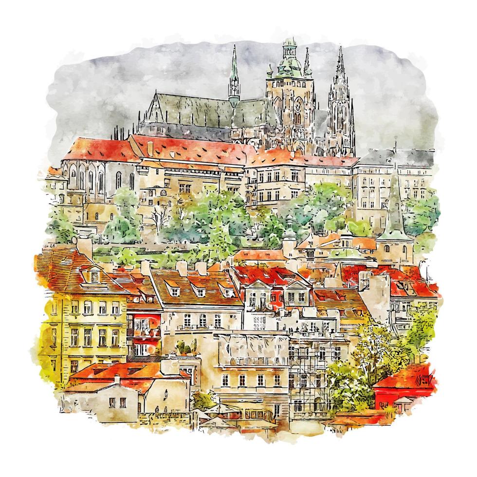Praha City Prague Watercolor sketch hand drawn illustration vector