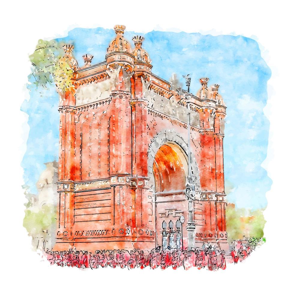 arco de triunfo de barcelona acuarela boceto dibujado a mano ilustración vector