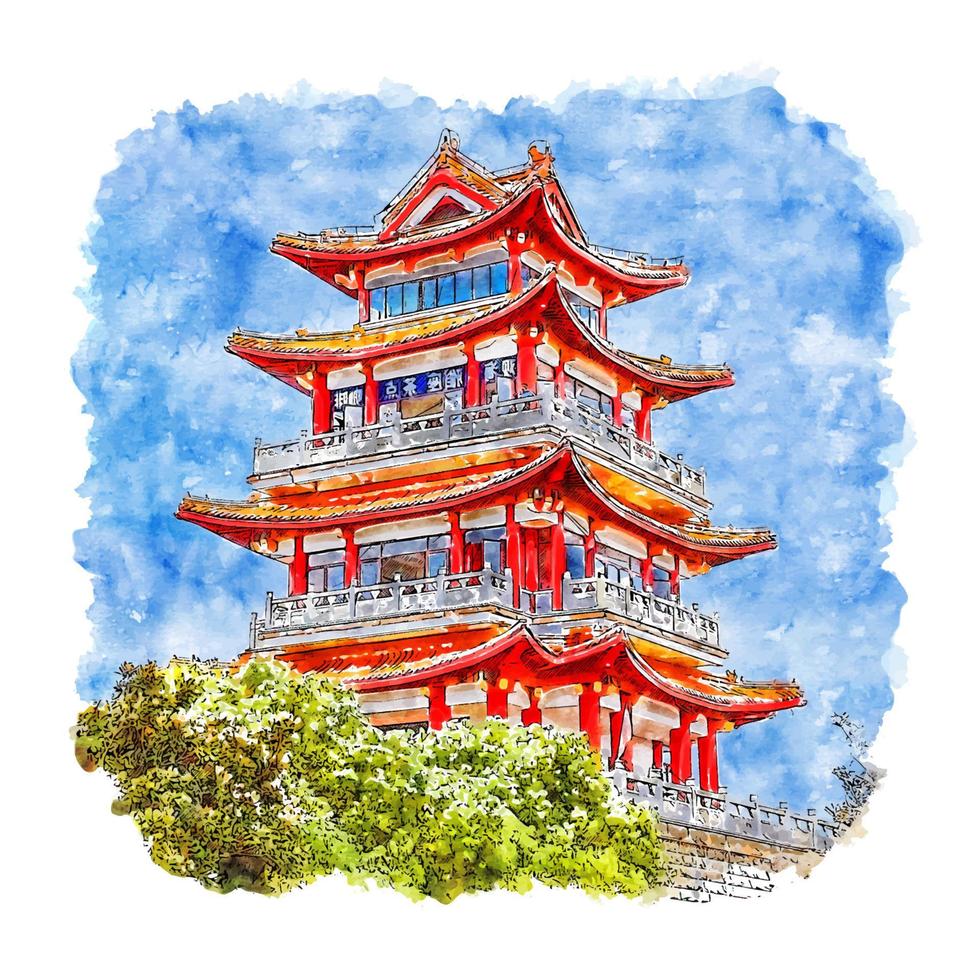 castillo china acuarela boceto dibujado a mano ilustración vector