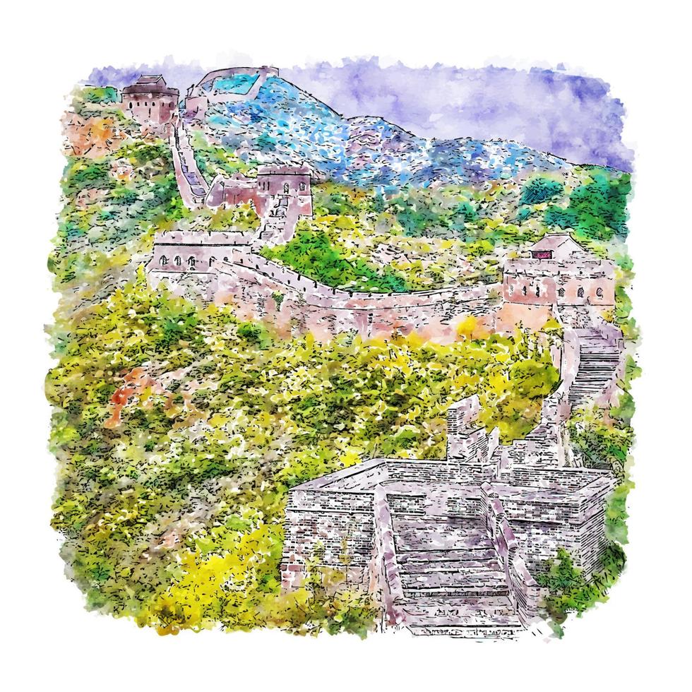 Great Wall of China Watercolor sketch hand drawn illustration vector