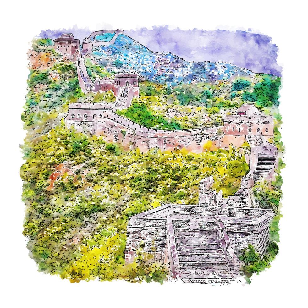 gran muralla china acuarela boceto dibujado a mano ilustración vector