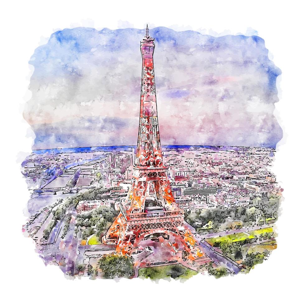 Eiffel Tower Paris France Watercolor sketch hand drawn illustration vector