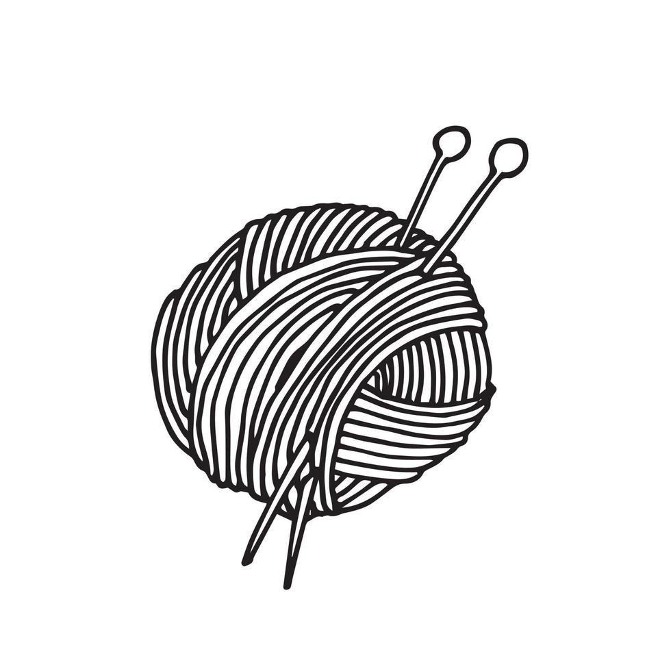 vector illustration in doodle style. a skein of thread for knitting and knitting needles. cute icon of ball of wool and knitting needles, symbol of knitting, hobby, made by hands.