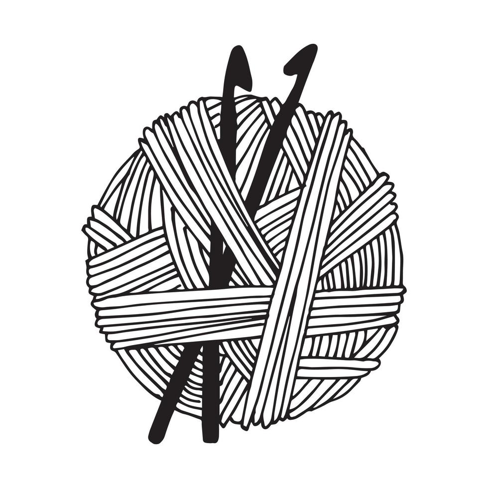 vector drawing in the style of doodle. a ball of wool for knitting and crocheting and two crochet hooks. black and white graphic drawing, symbol of needlework, hobby, home life. Love, relationships