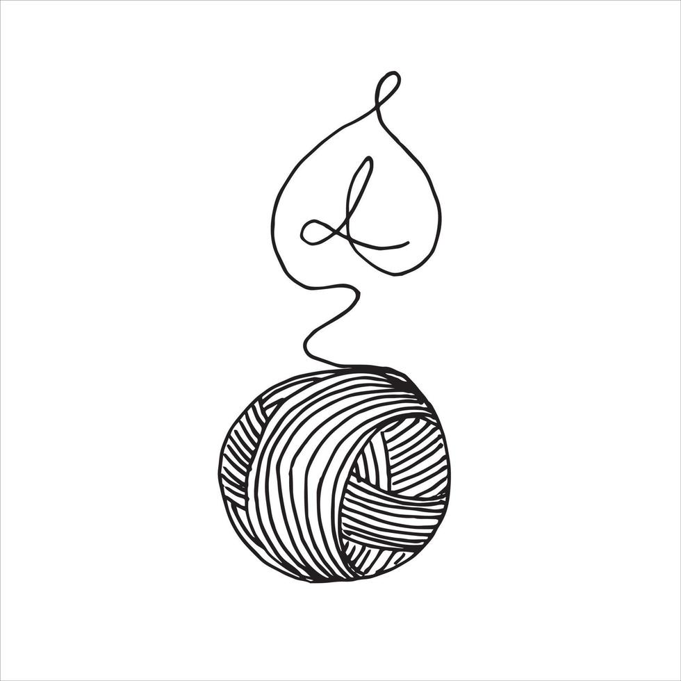 vector drawing in the style of doodle. balls of yarn for knitting and plant leaves. one line drawing, minimalistic logo of knitting, handmade, crochet. eco-friendly product, recycling