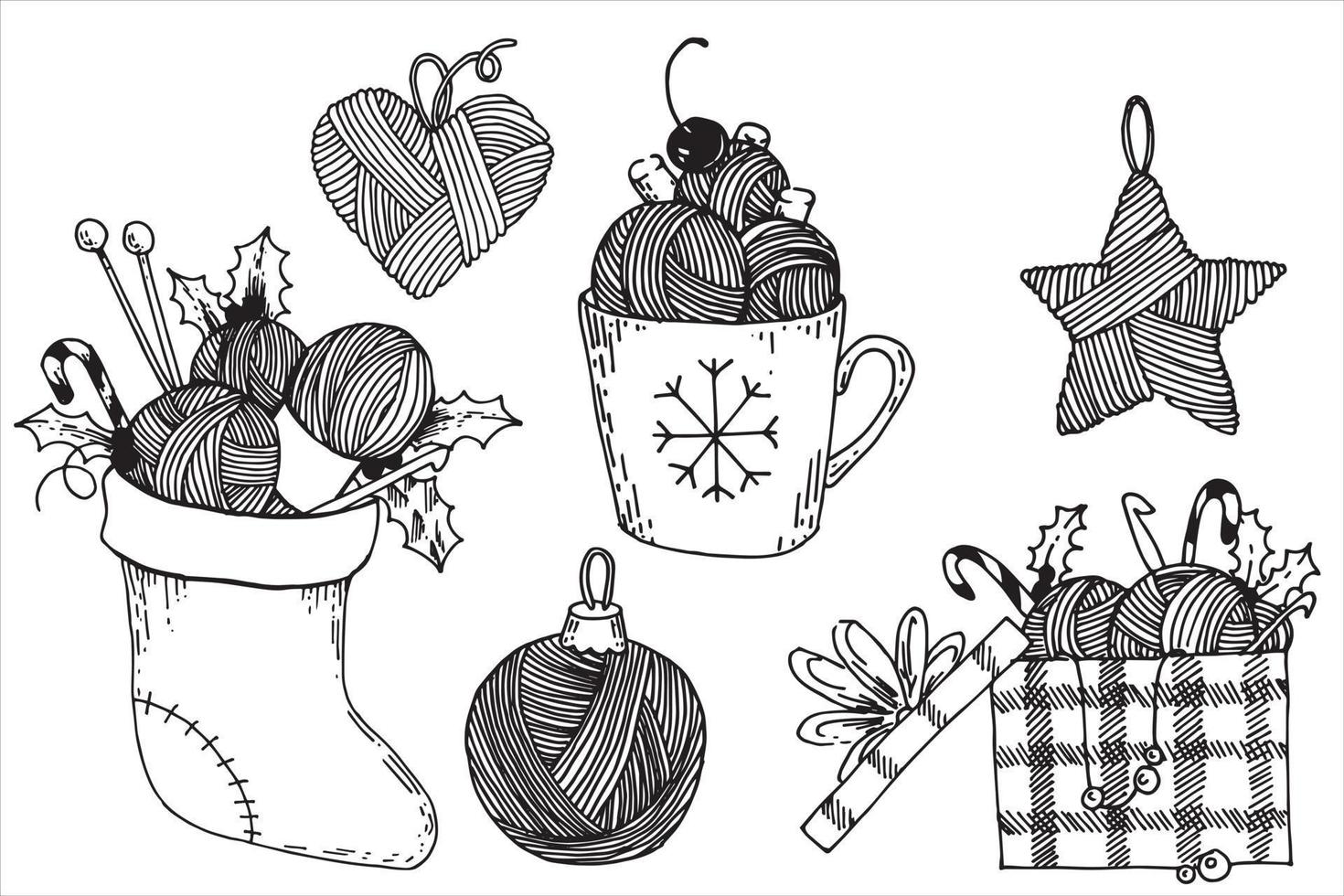 large vector set of illustrations on the theme of christmas and new year knitting. Christmas gifts with balls of wool, knitting needles, crochet for knitting. holiday of needlework