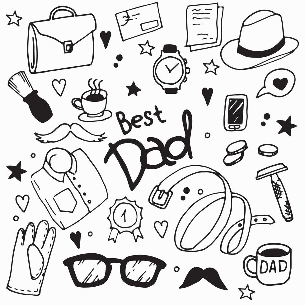 set in doodle style. holiday father's day. black and white elements, antistress coloring book. elements of men's things vector