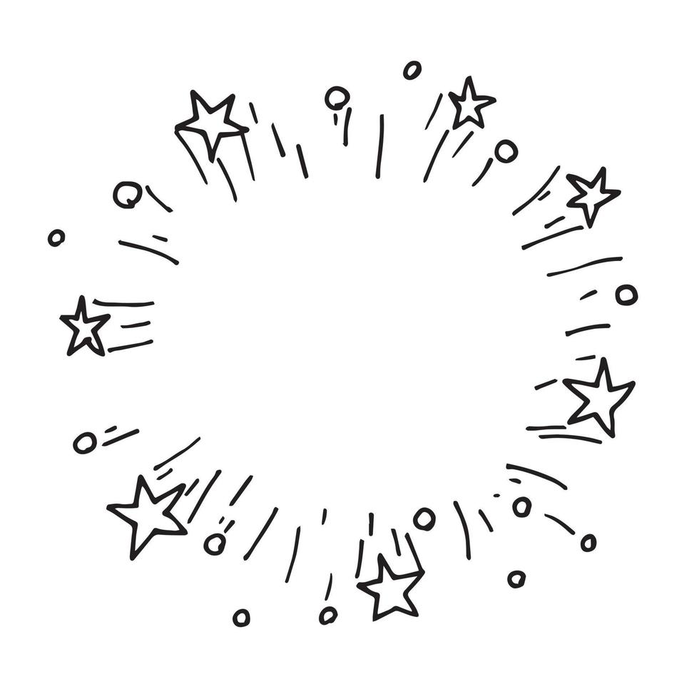 abstract vector drawing in doodle style. explosion in a circle, fireworks, festive fireworks. stars, confit and streamer. round frame