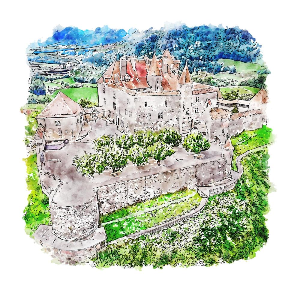 castillo de gruyeres suiza acuarela boceto dibujado a mano ilustración vector