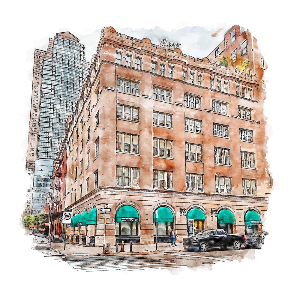 Architecture Tribeca New York City Watercolor sketch hand drawn illustration vector