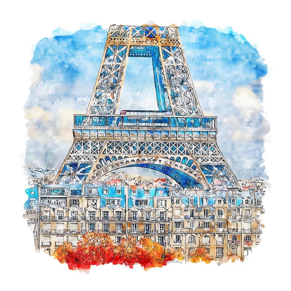 Eiffel Tower Paris France Watercolor sketch hand drawn illustration vector