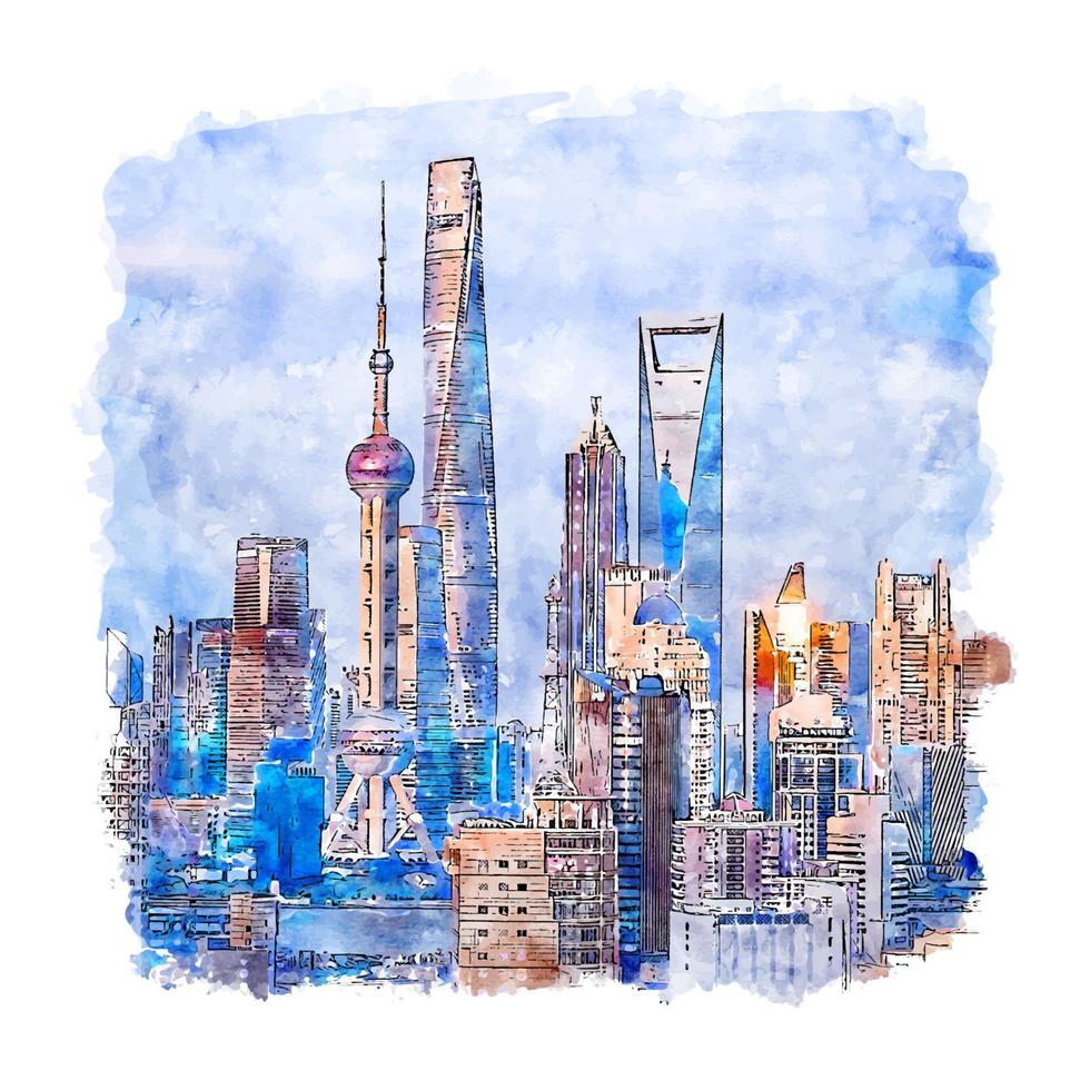 Shanghai China Watercolor sketch hand drawn illustration vector