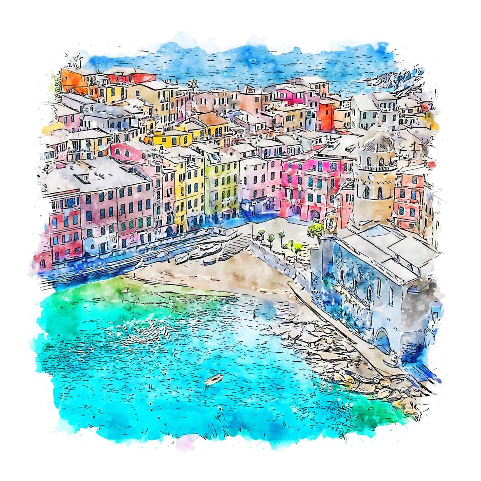 Vernazza Italy Watercolor sketch hand drawn illustration vector