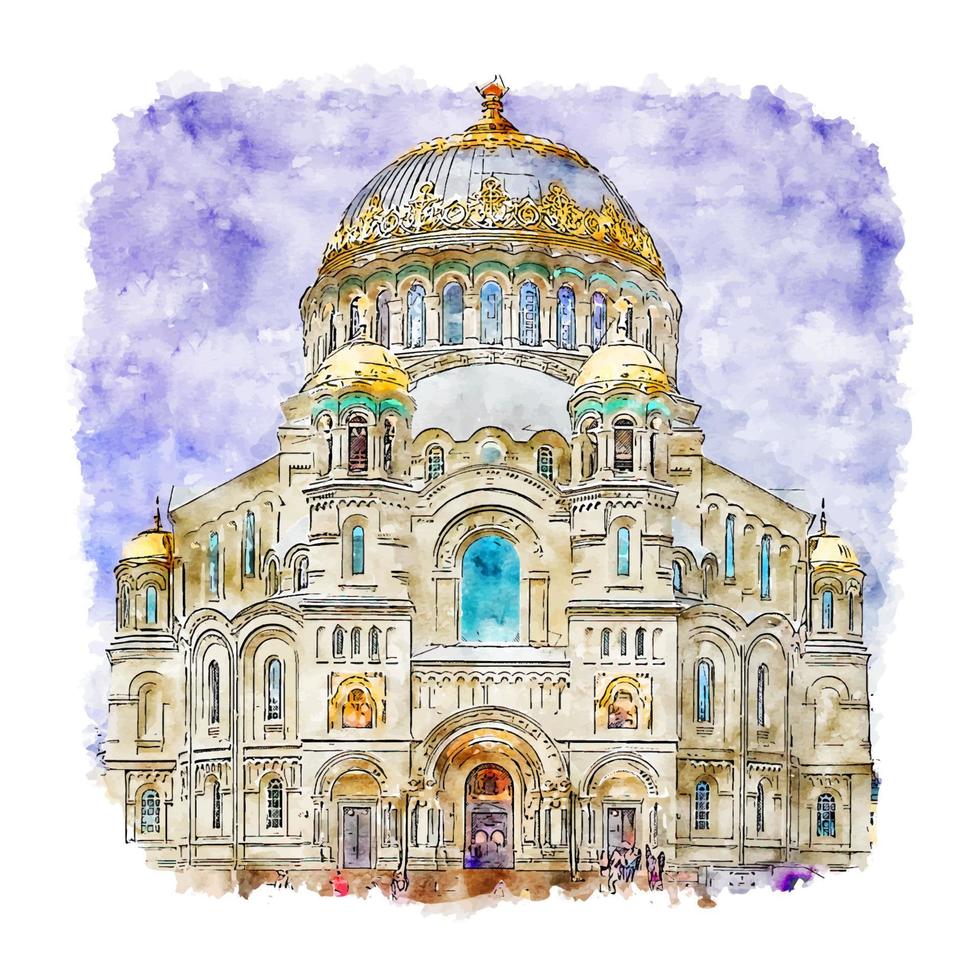 Kronstadt Naval Cathedral Watercolor sketch hand drawn illustration vector