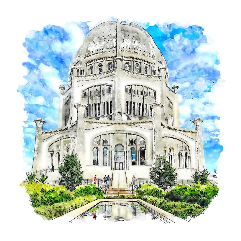 casa de culto baha'i américa del norte boceto de acuarela dibujado a mano ilustración vector