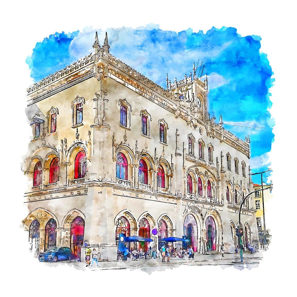 Rossio Railway Station Lisboa Watercolor sketch hand drawn illustration vector