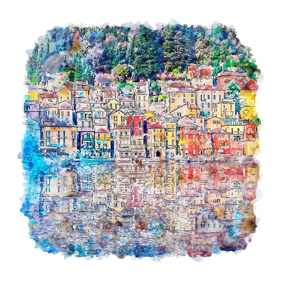 varenna lago como italia acuarela boceto dibujado a mano ilustración vector