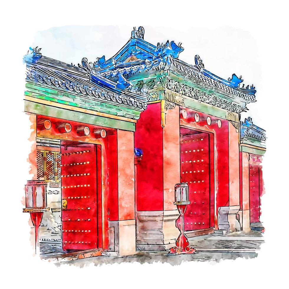 castillo beijing china acuarela boceto dibujado a mano ilustración vector