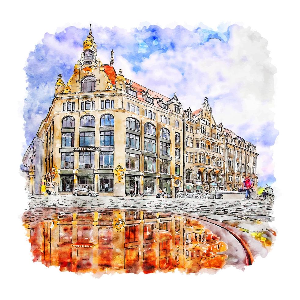 Leipzig Germany Watercolor sketch hand drawn illustration vector