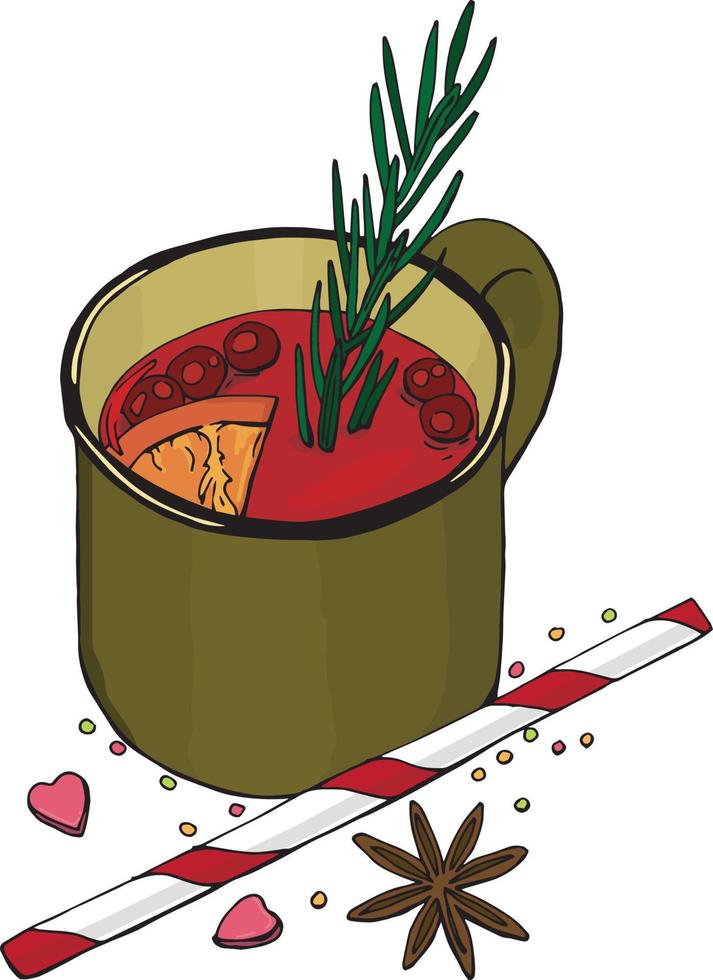 vector illustration, christmas drink mulled wine. mulled wine from red wine in a mug with berries and fruits. non-alcoholic mulled wine with spices in mug with a straw. festive, hot drink on white