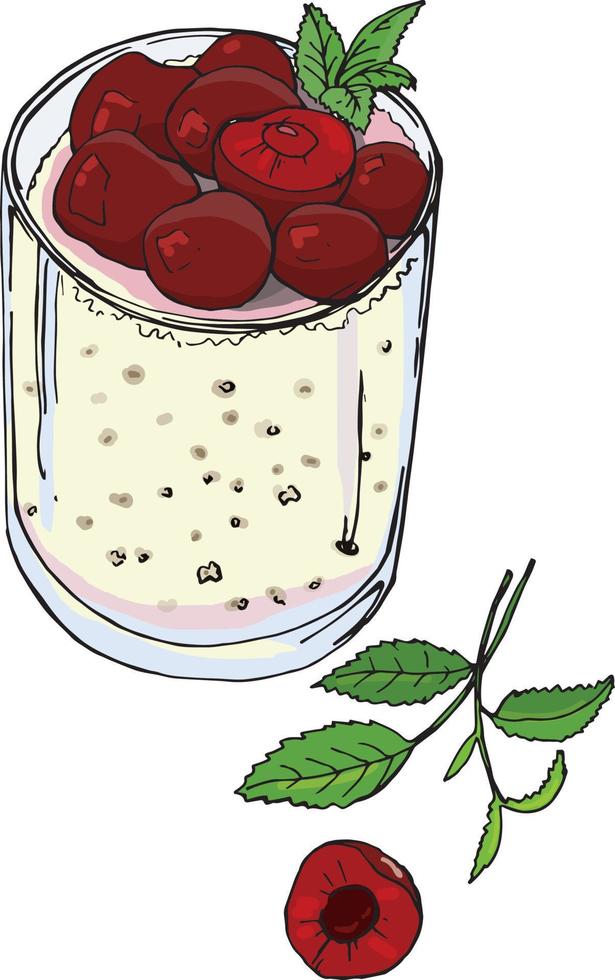 vector drawing healthy drink with chia seeds and cherry