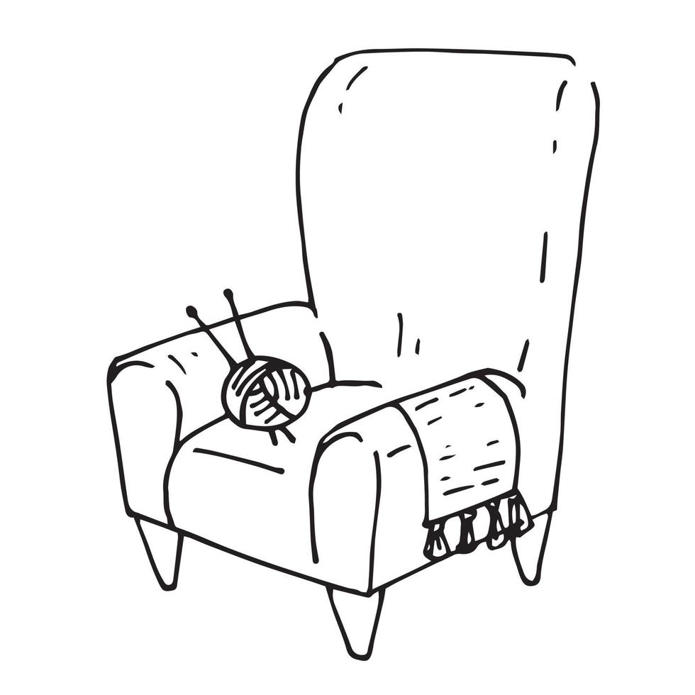 Doodle style illustration, simple hand drawing. a cozy chair, a ball of woolen thread, a plaid. Icon of knitting, needlework, cozy home. vector