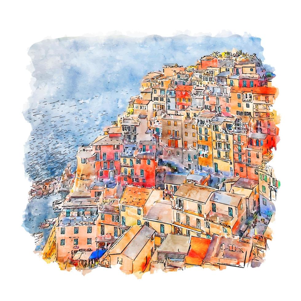 manarola italia acuarela boceto dibujado a mano ilustración vector