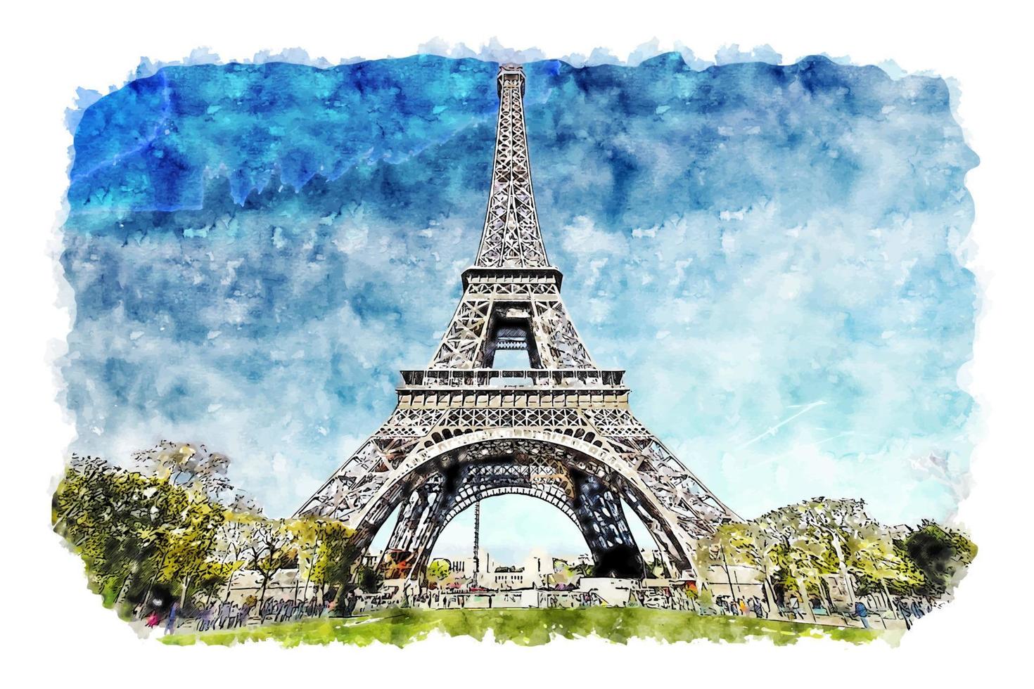 Landscape Eiffel Tower Paris France Watercolor sketch hand drawn illustration vector
