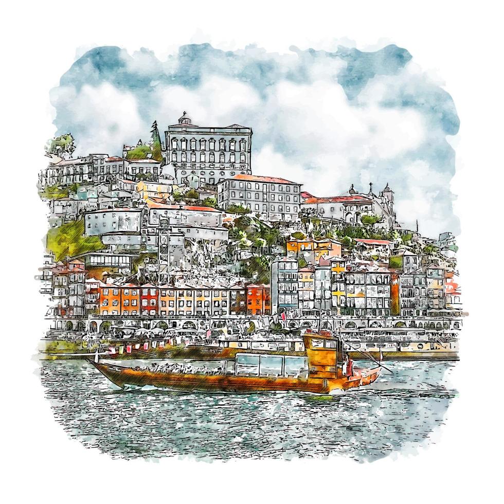 porto portugal acuarela boceto dibujado a mano ilustración vector