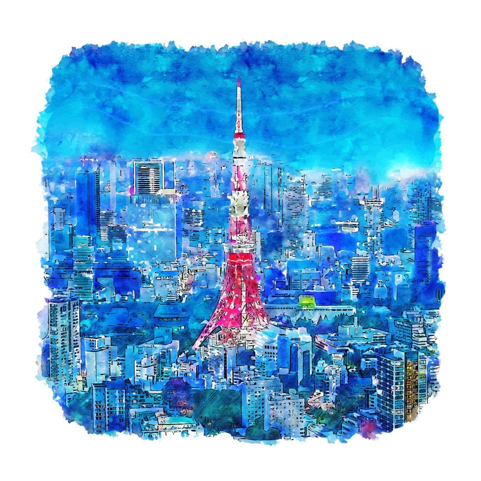 Night Tokyo Tower Japan Watercolor sketch hand drawn illustration vector